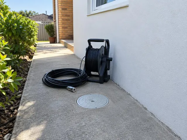 Capped drain inspection opening beside a coiled camera reel on a concrete side path by a white house in Kirrawee
