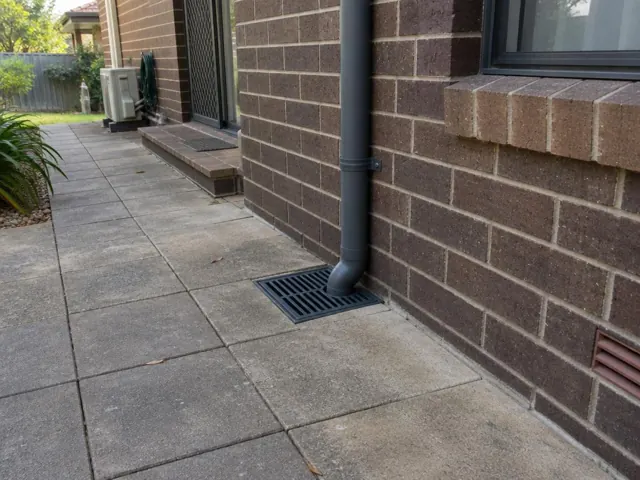 Brick house patio with a stormwater grate beside a downpipe on dry paving in Sutherland
